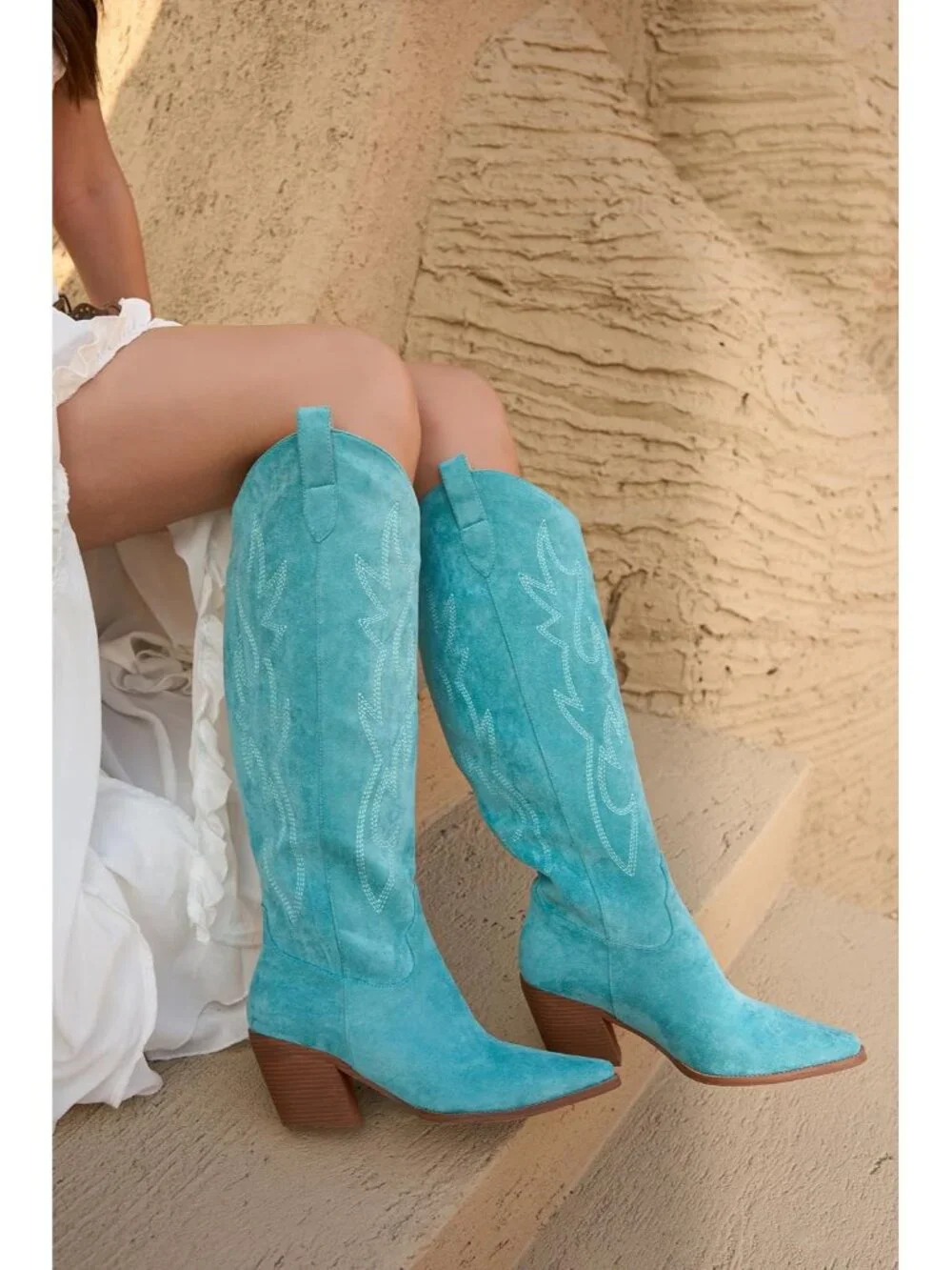Women's Turquoise Pointed Toe Faux Leather Block Heel Heel Over The Knee Boots